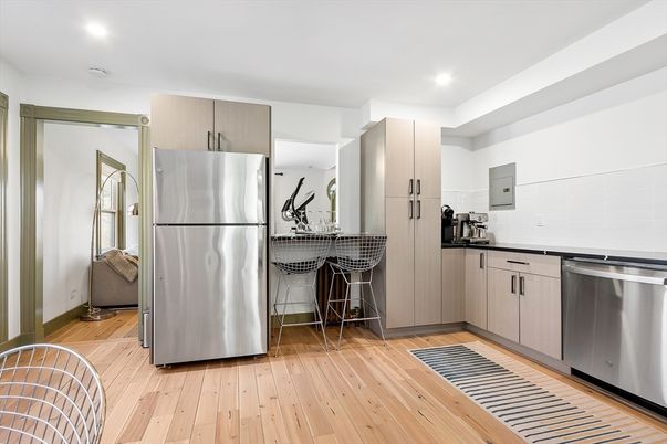 Interior, Kitchen, Recessed Lighting, Stainless Steel Appliances, Wood Texture Flooring
