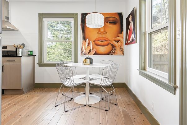 Dining room, Interior, Pendant Lights, Wood Texture Flooring