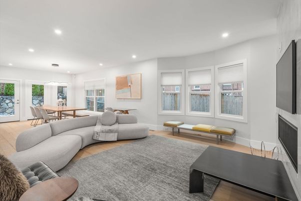 Dining room, Fireplace, Interior, Living room, Pendant Lights, Recessed Lighting, Wood Texture Flooring