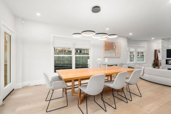 Dining room, Fireplace, Interior, Living room, Pendant Lights, Recessed Lighting, Wood Texture Flooring