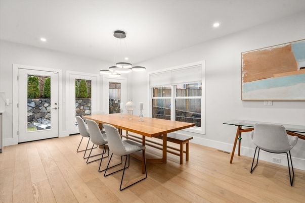 Dining room, Interior, Pendant Lights, Recessed Lighting, Wood Texture Flooring