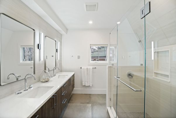 Bathroom, Dual Sink Vanities, Glass Shower, Interior, Recessed Lighting