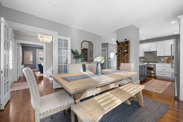Chandelier, Dining room, Interior, Kitchen, Recessed Lighting, Stainless Steel Appliances, Wood Texture Flooring