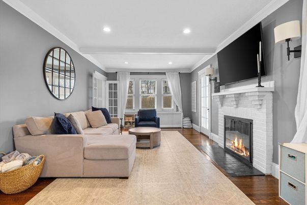Fireplace, Interior, Living room, Recessed Lighting, Wood Texture Flooring