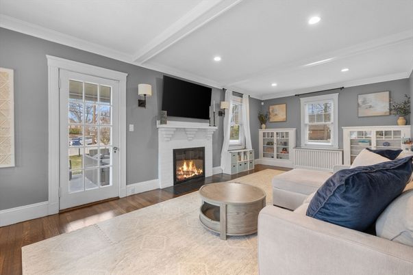 Fireplace, Interior, Living room, Recessed Lighting, Wood Texture Flooring