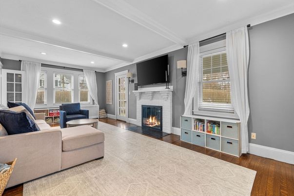 Fireplace, Interior, Living room, Recessed Lighting, Wood Texture Flooring
