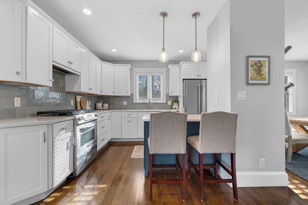 Interior, Kitchen, Pendant Lights, Recessed Lighting, Stainless Steel Appliances, Wood Texture Flooring