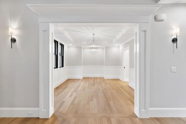 Chandelier, Empty room, Interior, Recessed Lighting, Wood Texture Flooring