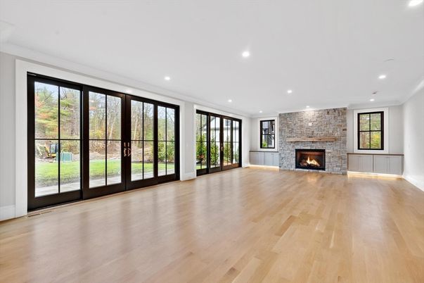 Empty room, Fireplace, Interior, Recessed Lighting, Wood Texture Flooring