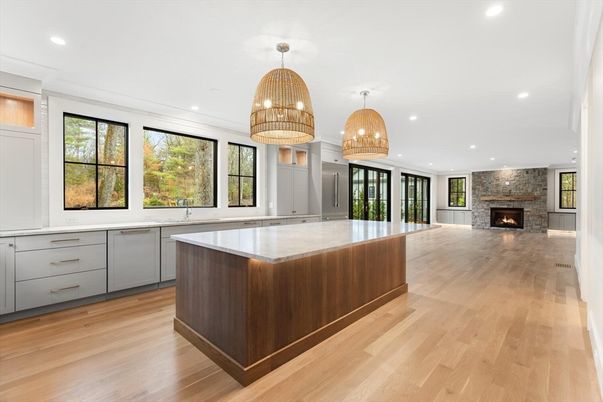 Chandelier, Fireplace, Interior, Kitchen, Pendant Lights, Recessed Lighting, Wood Texture Flooring