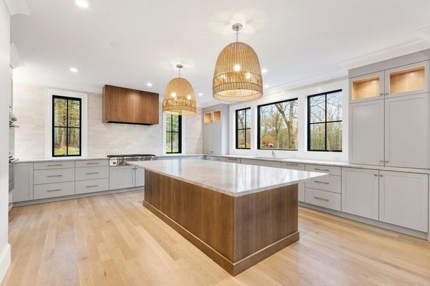 Chandelier, Interior, Kitchen, Pendant Lights, Recessed Lighting, Stainless Steel Appliances, Wood Texture Flooring