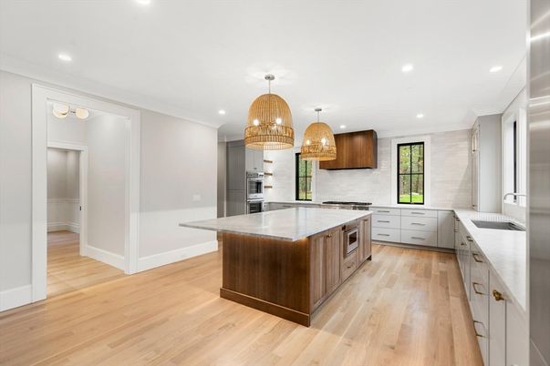 Chandelier, Interior, Kitchen, Recessed Lighting, Stainless Steel Appliances, Wood Texture Flooring