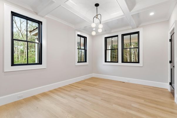 Empty room, Interior, Pendant Lights, Recessed Lighting, Wood Texture Flooring