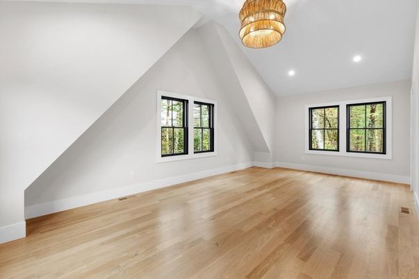 Chandelier, Empty room, Interior, Recessed Lighting, Wood Texture Flooring