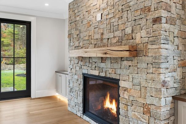 Fireplace, Interior, Recessed Lighting, Stone Walls, Wood Texture Flooring