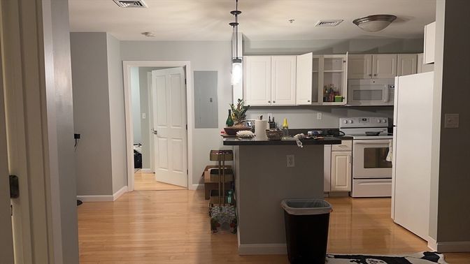 Interior, Kitchen, Pendant Lights, Wood Texture Flooring