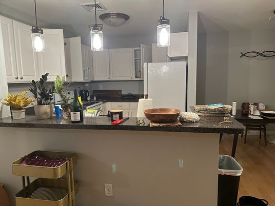 Interior, Kitchen, Pendant Lights, Wood Texture Flooring