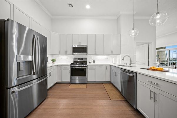 Interior, Kitchen, Pendant Lights, Recessed Lighting, Stainless Steel Appliances, Wood Texture Flooring