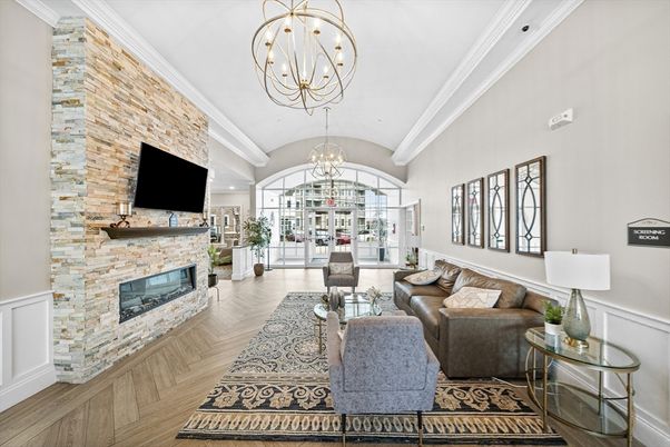 Chandelier, Fireplace, Interior, Living room, Stone Walls, Wood Texture Flooring