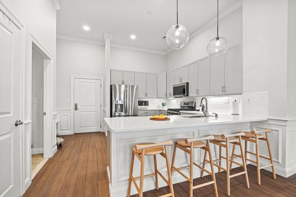 Interior, Kitchen, Pendant Lights, Recessed Lighting, Stainless Steel Appliances, Wood Texture Flooring