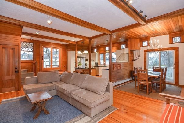 Chandelier, Dining room, Interior, Kitchen, Living room, Pendant Lights, Wooden Beams, Wooden Ceilings, Wood Texture Flooring, Wooden Walls