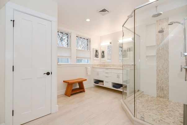 Bathroom, Dual Sink Vanities, Glass Shower, Interior, Recessed Lighting, Wood Texture Flooring