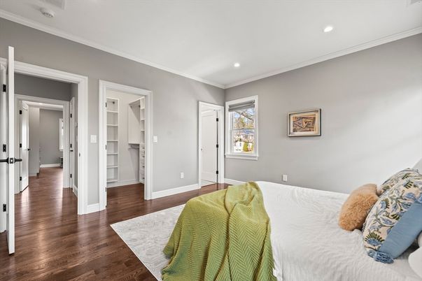 Bedroom, Interior, Recessed Lighting, Wood Texture Flooring