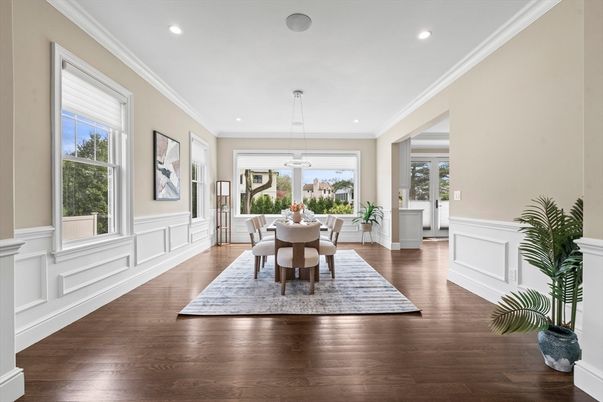 Dining room, Interior, Pendant Lights, Recessed Lighting, Wood Texture Flooring