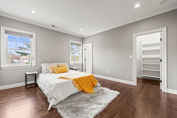 Bedroom, Interior, Recessed Lighting, Wood Texture Flooring