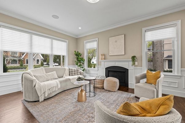 Fireplace, Interior, Living room, Recessed Lighting, Wood Texture Flooring