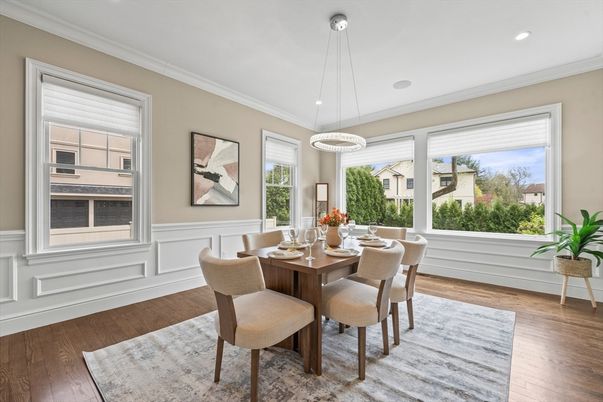 Dining room, Interior, Pendant Lights, Recessed Lighting, Wood Texture Flooring