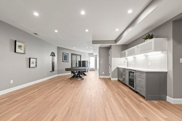 Billiard Table, Game Room, Interior, Kitchen, Recessed Lighting, Wood Texture Flooring