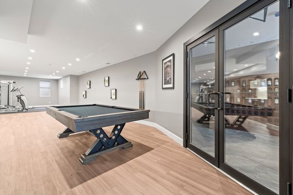 Billiard Table, Fitness Equipment, Game Room, Interior, Recessed Lighting, Wood Texture Flooring