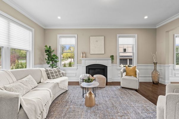 Fireplace, Interior, Living room, Recessed Lighting, Wood Texture Flooring