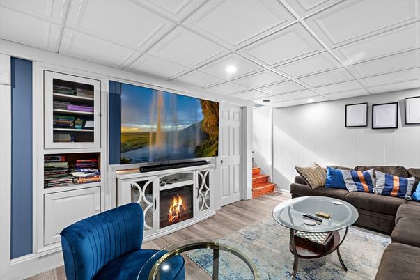 Fireplace, Interior, Living room, Recessed Lighting, Wood Texture Flooring