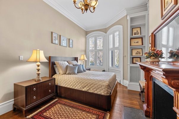 Bedroom, Chandelier, Fireplace, Interior, Wood Texture Flooring