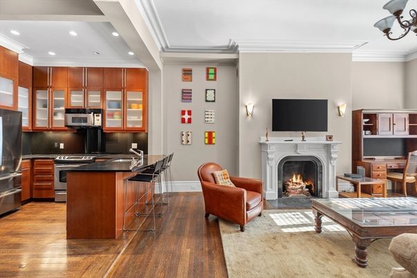 Fireplace, Interior, Kitchen, Living room, Recessed Lighting, Stainless Steel Appliances, Wood Texture Flooring