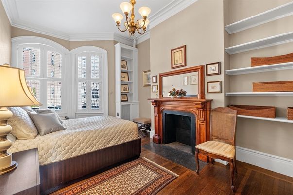Bedroom, Chandelier, Fireplace, Interior, Wood Texture Flooring