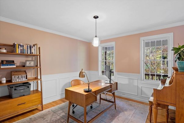 Home Office, Interior, Pendant Lights, Wood Texture Flooring