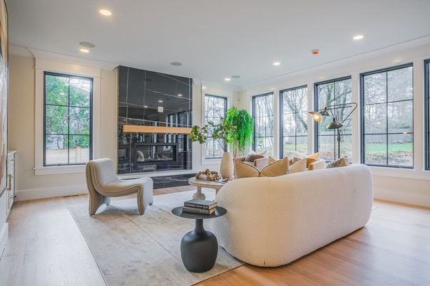 Fireplace, Interior, Living room, Recessed Lighting, Wood Texture Flooring