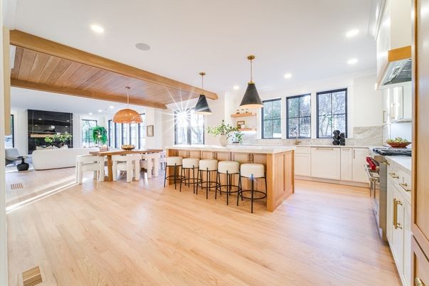 Dining room, Fireplace, Interior, Kitchen, Living room, Pendant Lights, Recessed Lighting, Wooden Ceilings, Wood Texture Flooring