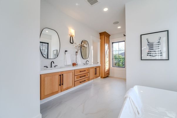 Bathroom, Dual Sink Vanities, Interior, Marble, Recessed Lighting