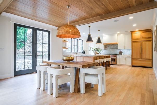 Dining room, Interior, Kitchen, Pendant Lights, Recessed Lighting, Wooden Ceilings, Wood Texture Flooring