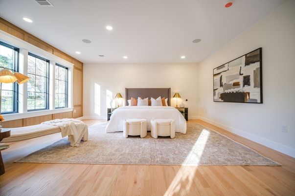 Bedroom, Interior, Recessed Lighting, Wood Texture Flooring
