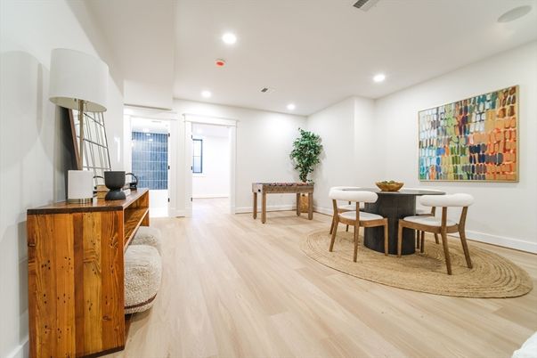Dining room, Game Room, Interior, Recessed Lighting, Wood Texture Flooring