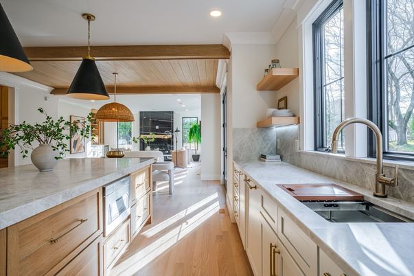 Interior, Kitchen, Pendant Lights, Recessed Lighting, Wooden Ceilings, Wood Texture Flooring
