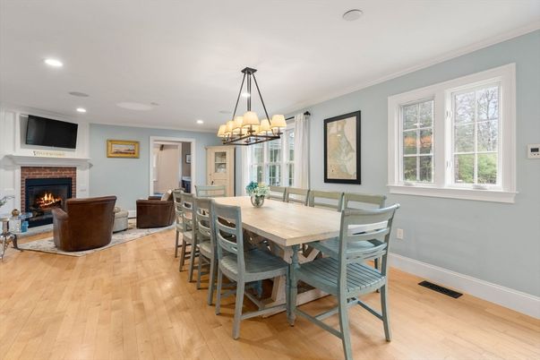 Chandelier, Dining room, Fireplace, Interior, Living room, Recessed Lighting, Wood Texture Flooring