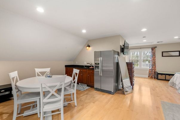 Dining room, Interior, Kitchen, Recessed Lighting, Stainless Steel Appliances, Wood Texture Flooring