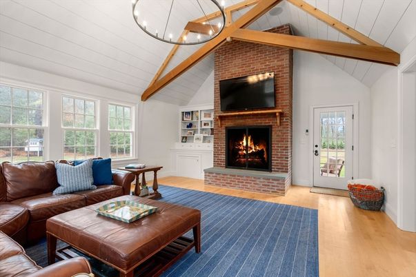 Fireplace, Interior, Living room, Stone Walls, Wooden Beams, Wood Texture Flooring