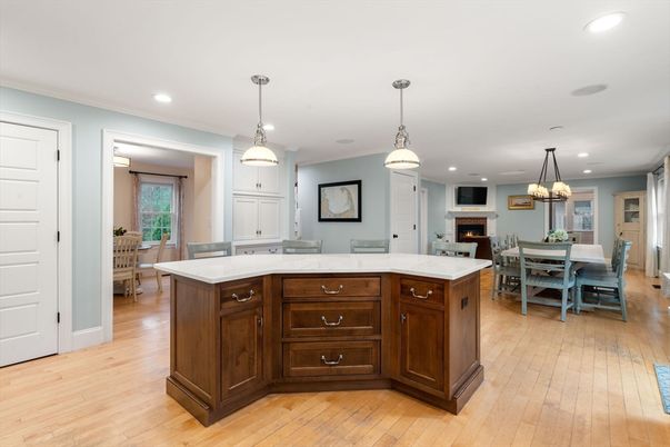Dining room, Fireplace, Interior, Kitchen, Pendant Lights, Recessed Lighting, Wood Texture Flooring